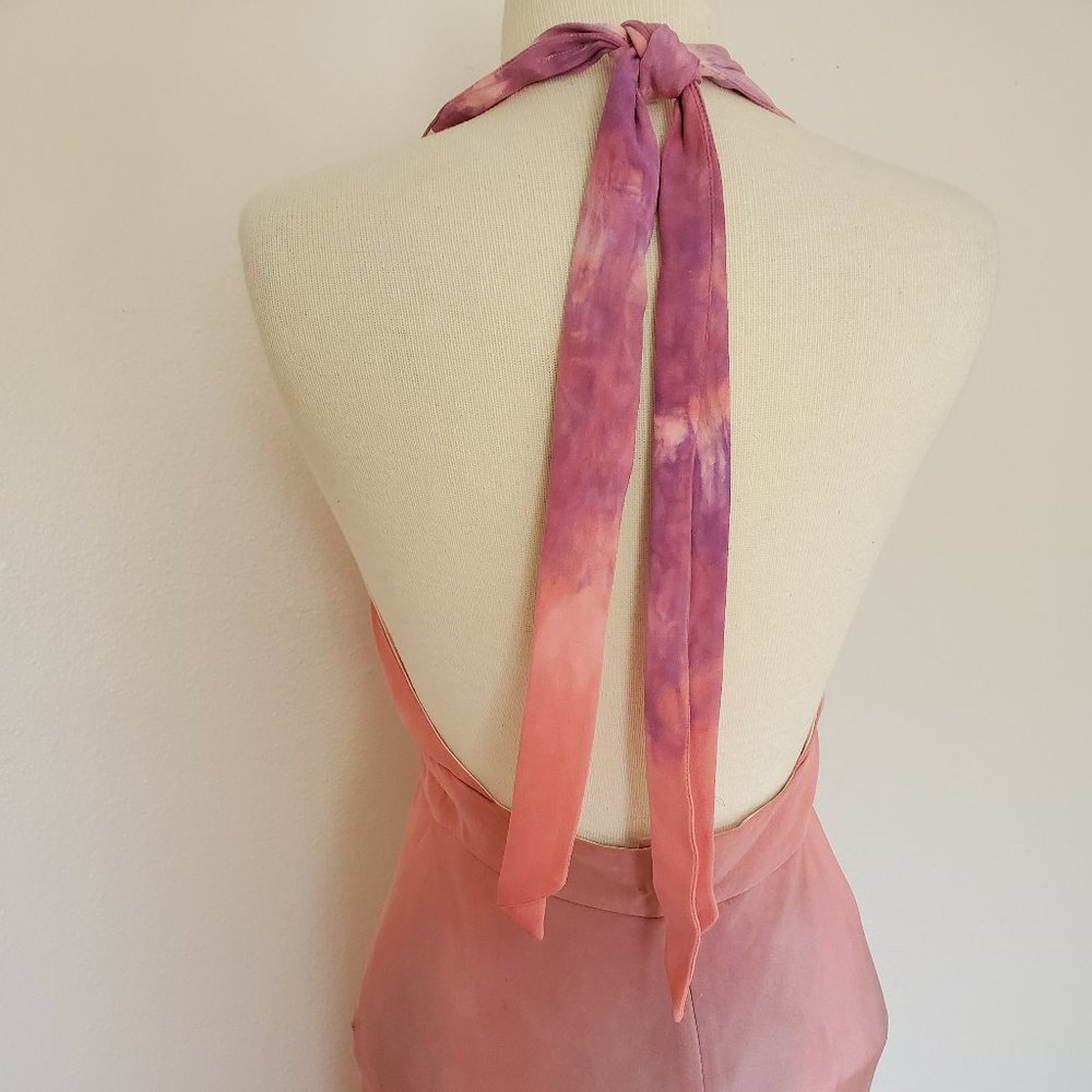 NEW Silk Short midi halter maxi Dress bridesmaid party tie dyed painted blue red - Picture 3 of 9